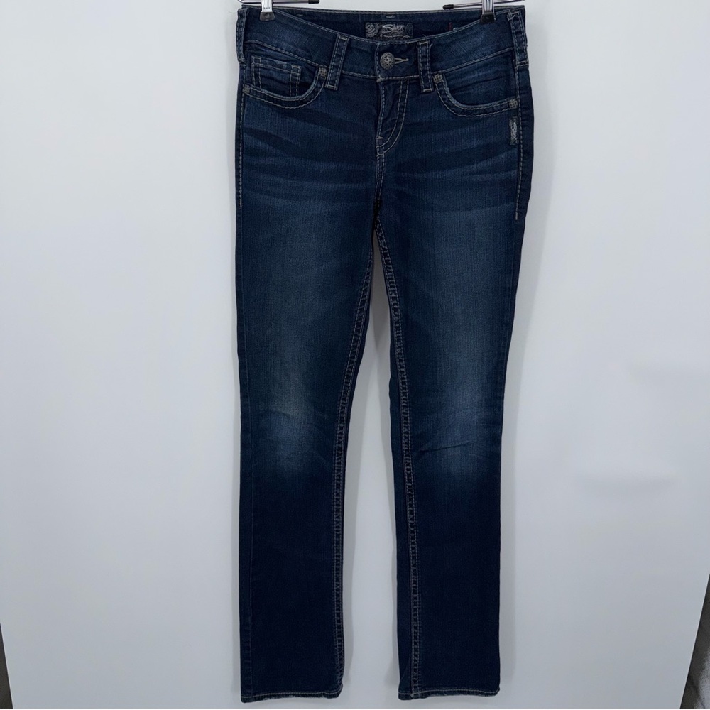 Silver Jeans Co Suki Mid-Rise Slim Bootcut Dark Blue Denim Jeans